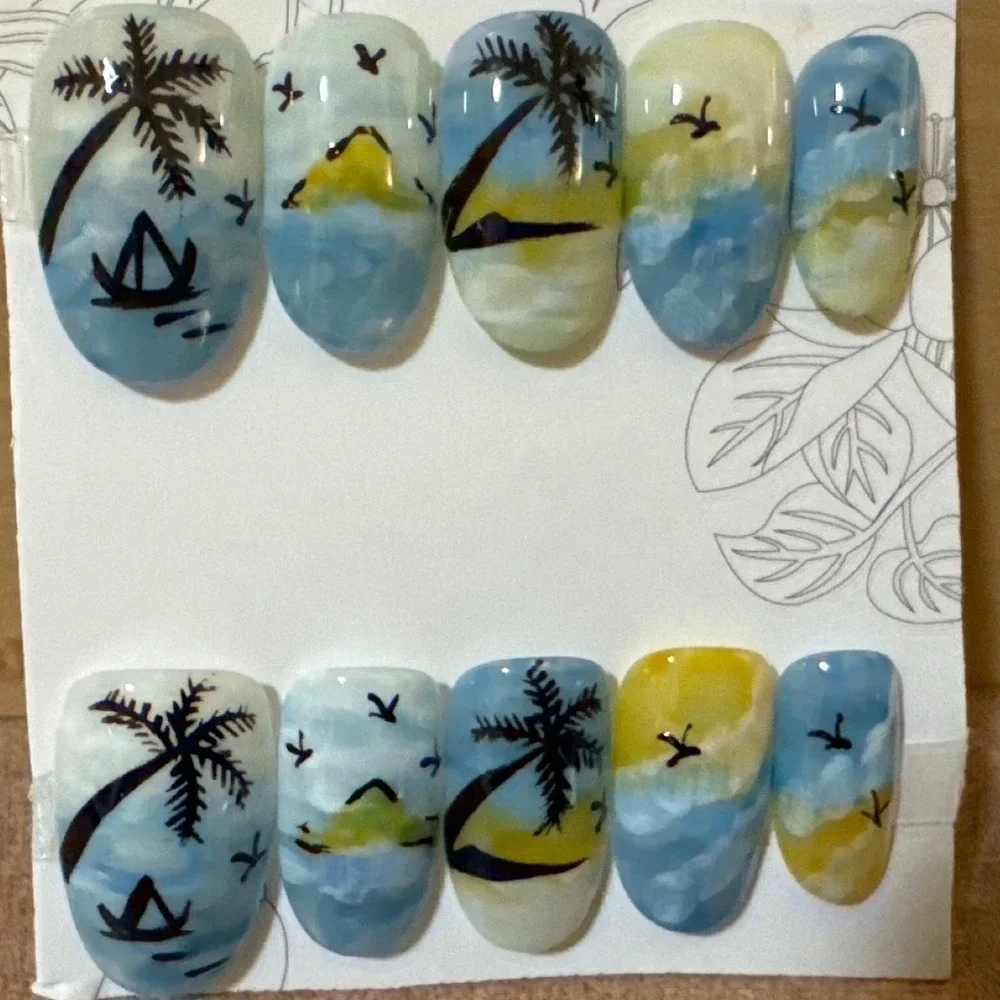 Tropical Beach Palm Tree Hand Painted Press On Nails Blue Yellow Sunset‎ Summer